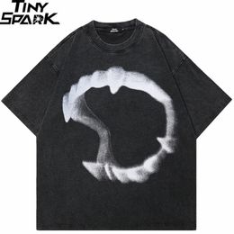 2024 Hip Hop Street Clothing Mens T-shirt Large Animal Teeth Graphic T-shirt Retro Wash Black Unisex T-shirt Cotton Top T-shirt 240426