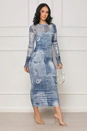 Casual Dresses Vbqbsql Women Sexy Lady Slim Fit Denim Pattern Printed Sheath Long Sleeve Round Neck Ankle Length Dress