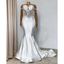 Elegant White Mermaid Lace Wedding Dresses Pearls With Tassels Long Sleeves Appliqued Bridal Party Gowns Vestido De Novia 0431