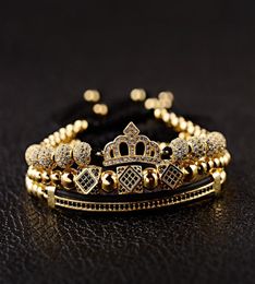 Luxury CZ King Crown Charm Men039s Copper Bead Macrame Bracelets Fashion Geometric Long Tube Set BraceletsBangles For Women Y24380342