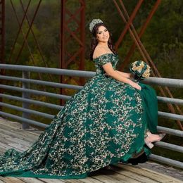 Sparkly Princess Blackish Green Off Shoulder Quinceanera Dresses 2024 Sweetheart Lace Applique Sweet 16 Ball Gown Vestidos De 15 Anos