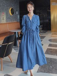 Casual Dresses LANMREM Spring Women Denim Dress Korean Style V-neck Belt Single Breasted A-line Blue Fashion 2024 Clothing 25265