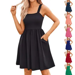 Casual Dresses Women's Summer Square Neck Sleeveless With Pockets A-Line Sundresses Korean Reviews Many Clothes