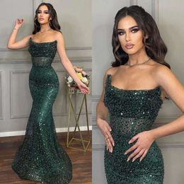 Girl Evening Elegant Mermaid Black Dark Green Illusion Strapless Pearls Sequins Glitter Prom Dress Long Dresses For Special Ocns es