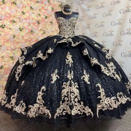 Sparkly Black Off The Shoulder Ball Gown Quinceanera Dress Applique Beaded Birthday Prom Dresses For Girl Lace Up Back 0431