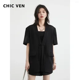 Women's Tracksuits CHIC VEN Women Blazer Black Solid Short Sleeve Chinese Frog Ladies Suit Elastic High Waisted Shorts Set Summer 2024