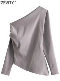 Women's Blouses Shirts Zevity New Womens Fashion One Shoulder Long Sleeve Pleated Smoked Shirt Womens Asymmetric Ultra Thin Shirt Blusas Unique Top LS5707L2405