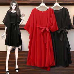 Party Dresses EHQAXIN Women Solid Color Elegant Chiffon Dress Summer 2024 Korean Fashion Cape Sleeve Loose Ladies Asymmetric