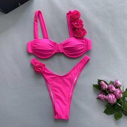 Women's Swimwear Chic Two-piece Swimsuit Floral Decor Pleated Wire Padded Bra High Waist Set Solid Colour Beachwear Push Up Bikini For Women