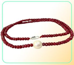 Handmade 910mm white freshwater pearl 2x4mm red jade faceted necklace long 45cm 4pclot3747826