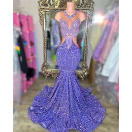 Diamonds New Prom Purple Mermaid Dresses 2024 For Black Girls Bead Crystal Rhinestones Gown Birthday Party Gowns 322 S S 0510