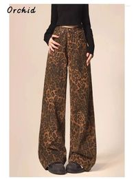 Women's Jeans 2024 In Brown Leopard Women Denim Pants Female Wide Leg Trousers Streetwear Hip Hop Vintage Baggy Casual Overalls