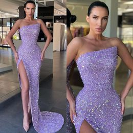 Dresses Sequins Lavender Party Elegant Strapless Prom Evening Gowns Slit Formal Long Special Ocn Dress