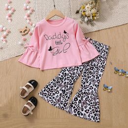 Clothing Sets Autumn Girls Long-sleeved Flared Sleeve Letter Printed Blouse Leopard Print Pants Cotton Kids Fashion Baby Set