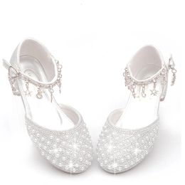 Girls High Heels Children Pearl Youth Crystal Party Princess Shoes Childrens Wedding Formal Leather Sandals Girls Shoes Party 240424