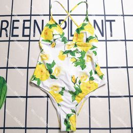 Yellow Floral Print Swimwear V Neck Backless Swimsuit One Piece Vacation Beachwear with Metal Letter