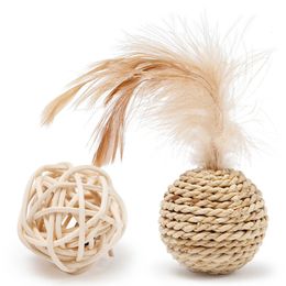 2pcs Cat Toy Pet Rattan Ball Cat Toy Funny Faux Feather Cat Bell Ball Kitten Playing Interactive Ball Toys Pet Supplies 240429