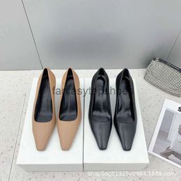 The Row single TR square and Simple toe luxurious small shoes for women 2023 new cat heel commuter high heel top version JXMC