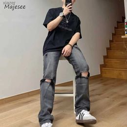 Men's Jeans Hole Jeans Mens S-3XL Gothic Fashion Simple Black Grey Full Match Basic High Waist Trousers Street Style American Fashion Daily WX