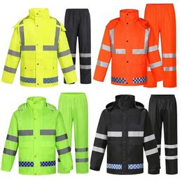 Reflective Raincoat Rainpants Set Traffic Health Patrol Outdoor Mountaineering Split Safety Waterproof Cloak Rain Gear Raincoat 240422