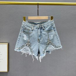 Women's Jeans Diamond Beading Denim Shorts For Women 2024 Summer High Waist Streetwear Girls Lady Ripped A- Line Pants