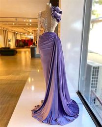 2022 Purple Veet One Shoulder Evening Dresses Pärlade Ruffles Formell klänning för kvinnor Eleganta sjöjungfruvet Robe de Fiesta 0431