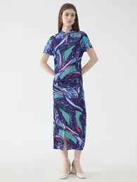 Work Dresses Miyake Fold 2024 Summer Floral Suit POLO Collar Short-sleeved Shirt Straight Tube Printed Skirt Two-piece Set