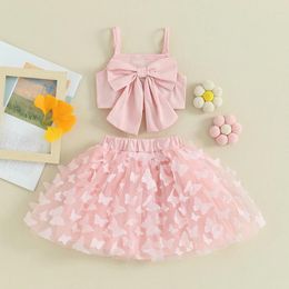 Clothing Sets Toddler Baby Girls Summer Skirt Square Neck Sling Bownot Vest Tops Mesh Butterfly 2pcs Cute Infant Clothes
