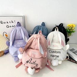 Personalised Kawaii Bunny Backpack for Girls with Cute Rabbit Ears and Fluffy Bear Pendant School Bookbag Kids 240429