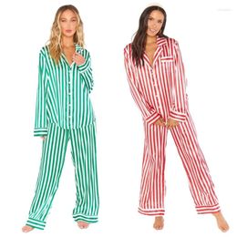 Women's Sleepwear 2024 Women 2 Pieces Christmas Striped Long Sleeve Button Shirts And Pants Imitation Silk Pyjamas Set Home