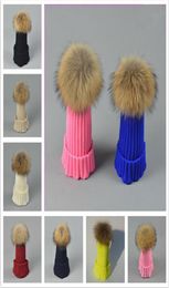 Quality Designer Childrens 100 Real Fur Ball Winter Warm Hats 15CM Pom Kids Rib Knit Acrylic Slouch Beanies Fancy Sports Baby Sno9880746