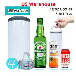 US Warehouse 16oz Sublimation Cooler Tumblers 4 in 1 Double Wall Stainless Steel Vacuum Insulated Coolers With two Lids DIY Blank Beer Mugs 25pcs B5 235W
