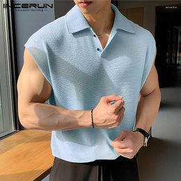 Men's Tank Tops INCERUN 2024 Korean Style Mens Knitted Solid Lapel Vests Casual Streetwear Male Simple All-match Sleeveless S-5XL