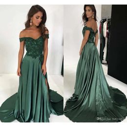 Sexy Dark Green Off Shoulder A Line Prom Appliques High Side Split Satin Elegant Dresses Evening Formal Gowns Cheap 0430