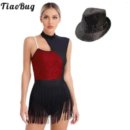 Stage Wear Women Latin Jazz Dance Performance Costume Outfit Sleeveless Leotard Sequins Contrast Color Fringed Bodysuit Hat Disco Dancewear