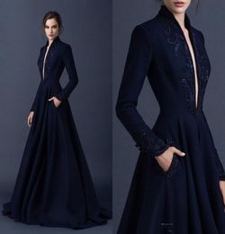 Navy Blue Satin Evening Dresses lace applique Embroidery Dresses Custom Made Beaded Formal Party Wear Ball Gown Plunging V Neck Ba4414143