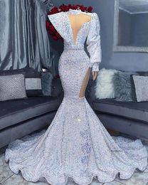 Elegant Long Sleeve Mermaid High Neck Prom Dresses 2022 White Sparkly Sequin African Aso Ebi Black Girls Evening Reception Party Gowns 0431