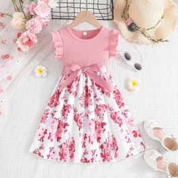 Girl Dresses 2024 Summer Arrival Girls Sleeveless O Neck Ruffles Print Floral Pink Designer Cute Party Princess Dress Custume 4-9T