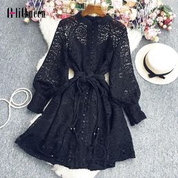 Casual Dresses Runway Spring Fall Women Black Lantern Long Sleeve Mini Lace Dress Elegant Ladies Sexy Hollow Out Sashes Party Vestidos