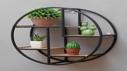 Retro Round Wooden Metal Wall Hanging Shelf Office Sundries Art Storage Rack Home Decorative Craft Holder Racks Y2004296161463