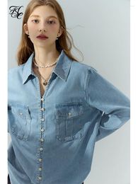 Women's Blouses FSLE Blue Soft Denim Shirt 2024 Autumn Vintage Long Sleeve For Women Office Lady Casual Loose Tops