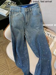 Women's Jeans Embroidery Heavy Drilling High Waist Baggy Women Wide-Leg 2024 Spring Autumn Diamond Denim Pants Trousers