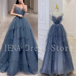 Dresses 14253#2023 Sparkly Dusty Blue Tulle Layered Skirt Prom Dresses Spaghetti Straps Sweetheart 3d Flowers Sequin Long Evening Gown