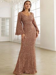 Casual Dresses 2024 Fashion V Neck Wrap Hip Sequins Dress Gold Mid Waist Flare Sleeves Long Evening For Women Elegant Party