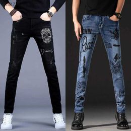 Men's Jeans Mens lightweight luxury skull embroidered black jeans high-quality butterfly printed blue jeans slim fit elastic jeans; WX