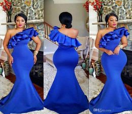Latest African Royal Blue Prom Dresses Satin Ruffles One Shoulder Mermaid Formal Pageant Gowns For Black Girl Party Dress 2020 Plu7595383