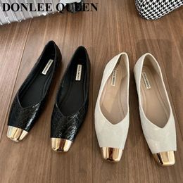 Casual Shoes 2024 Spring Women Flat Fashion Gold Square Toe Ladies Elegant Mary Jane Soft Loafers Outdoor Dress Ballerinas