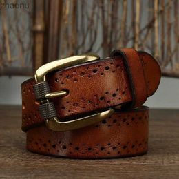 Belts 3.8cm Width Retro Cowboy Jeans Belt Male Ceinture Vintage Brass Buckle Genuine Leather Belt For Men Waist Hollowed Out Strap XW