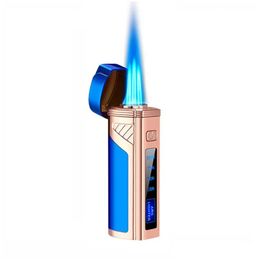 Lighters Cigar Torch Lighter With Punch Electric Ignition Triple Flame Jet Inflatable Touch Sensing Windproof Power Display Creative D Dhgry