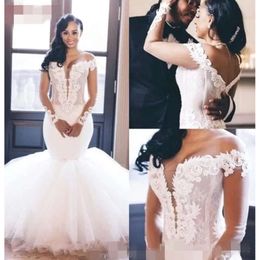 Dresses Off Shoulder Mermaid The 2020 Newest Illusion Plunging V Neck Long Sleeves Lace Applique Floor Length African Wedding Gown